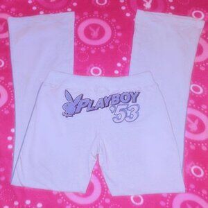 Rare Playboy Bunny Playmate 53 Embroidered Low Rise Track Pants  - blue